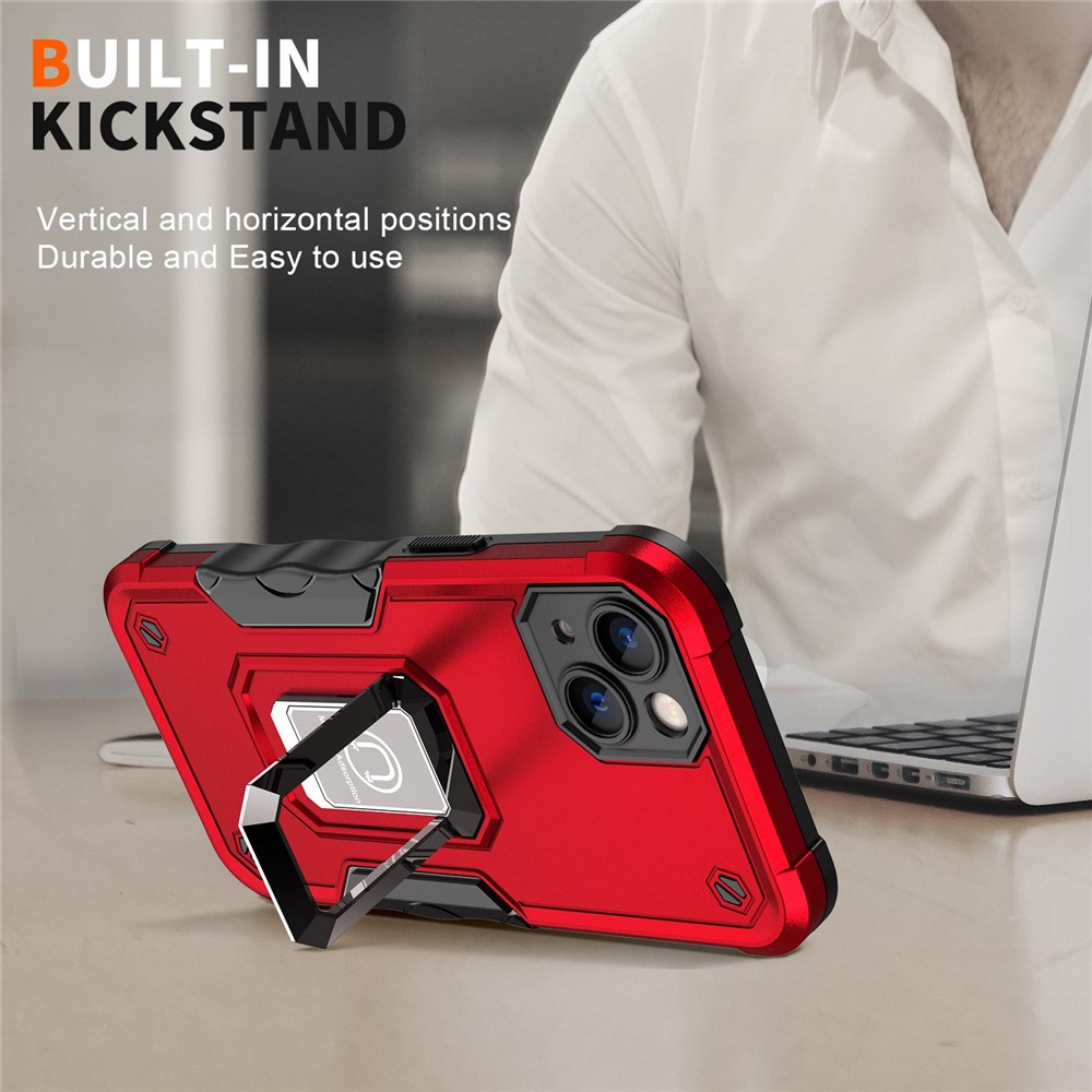 Built-in Kickstand Phone Case for iPhone 14 6.1 inch, Hard PC Soft TPU Hybrid Scratch-resistant Cell Phone Cover - Red-4