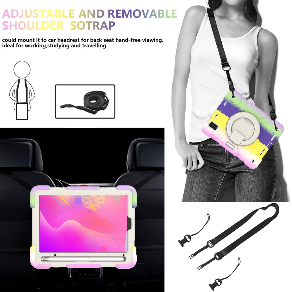 For iPad mini (2021) Kickstand Colorful Tablet Case Hard PC + Soft Silicone Hybrid Shockproof Cover with Pencil Holder and Shoulder Strap - Colorful Purple-7