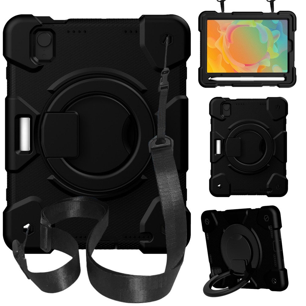 For iPad mini (2024) / mini (2021) Case Hard PC + Soft Silicone Shockproof Kickstand Cover with Pencil Holder and Shoulder Strap - Black