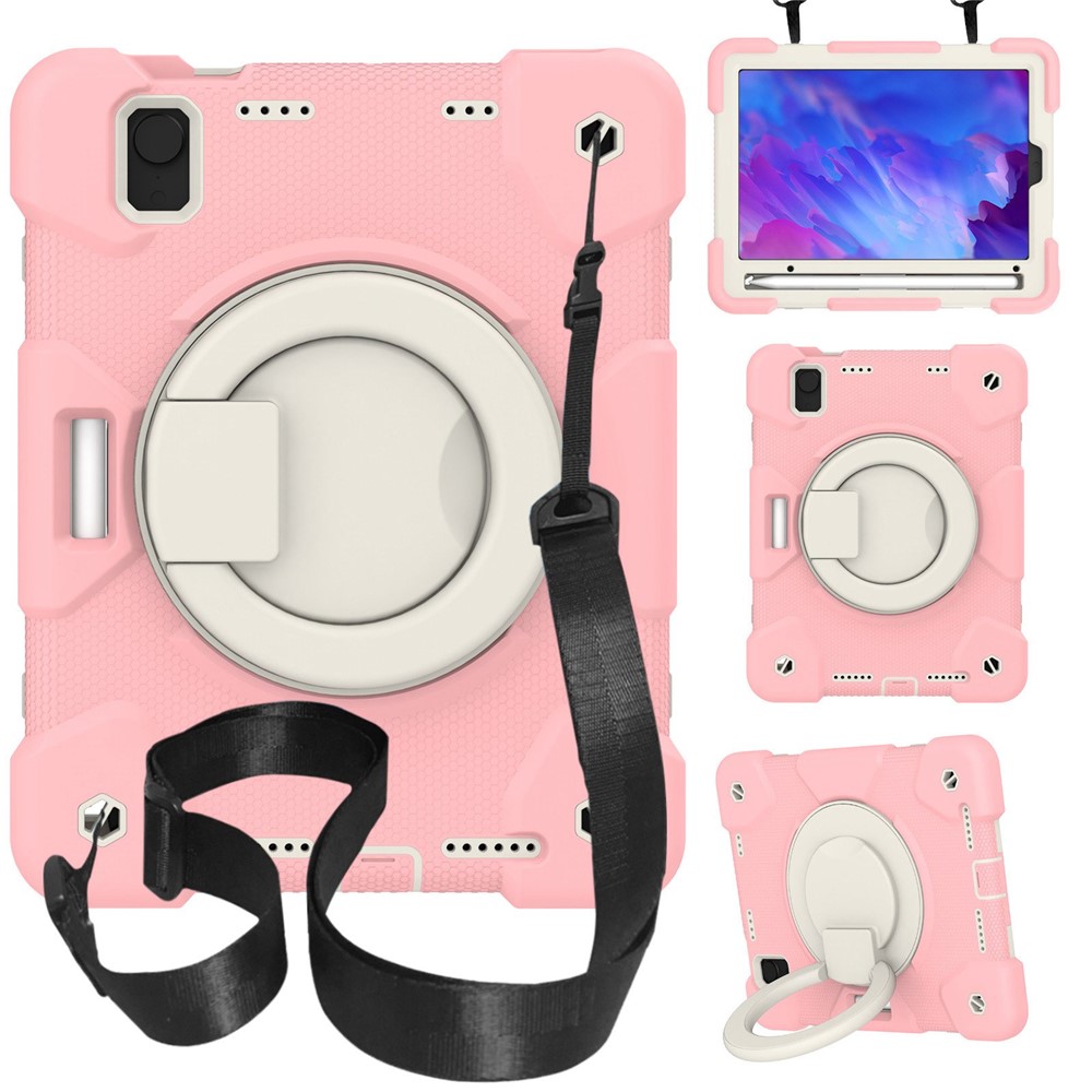 For iPad mini (2024) / mini (2021) Case Hard PC + Soft Silicone Shockproof Kickstand Cover with Pencil Holder and Shoulder Strap - Sakura Pink