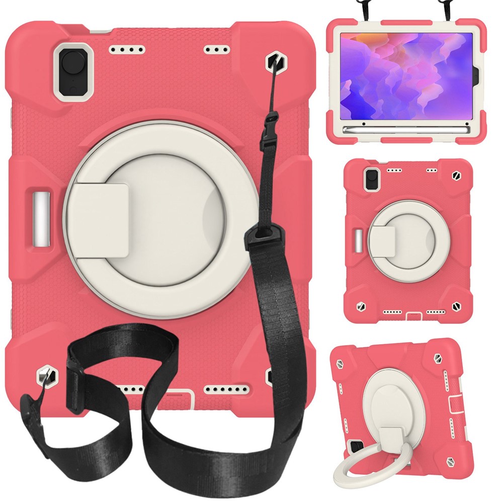 For iPad mini (2024) / mini (2021) Case Hard PC + Soft Silicone Shockproof Kickstand Cover with Pencil Holder and Shoulder Strap - Begonia Red