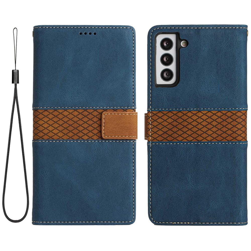 For Samsung Galaxy S22+ 5G Grid Splicing Design PU Leather Stand Phone Case Protective Wallet Cover with Strap - Blue-1