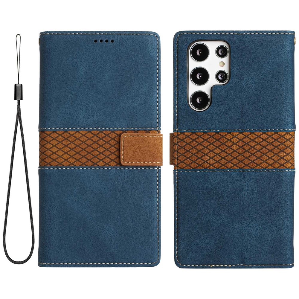 For Samsung Galaxy S22 Ultra 5G PU Leather Grid Splicing Design Phone Case Stand Wallet Protective Cover with Strap - Blue-1