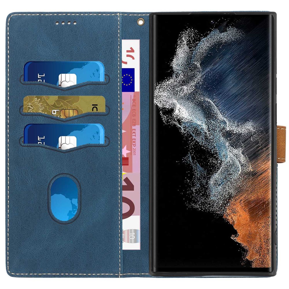 For Samsung Galaxy S22 Ultra 5G PU Leather Grid Splicing Design Phone Case Stand Wallet Protective Cover with Strap - Blue-2