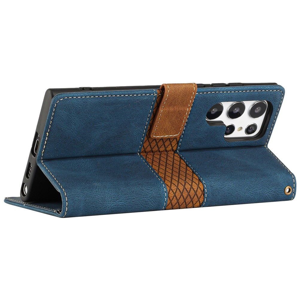 For Samsung Galaxy S22 Ultra 5G PU Leather Grid Splicing Design Phone Case Stand Wallet Protective Cover with Strap - Blue-4