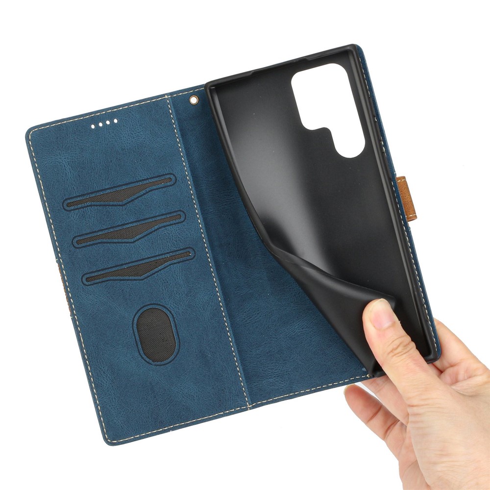 For Samsung Galaxy S22 Ultra 5G PU Leather Grid Splicing Design Phone Case Stand Wallet Protective Cover with Strap - Blue-5
