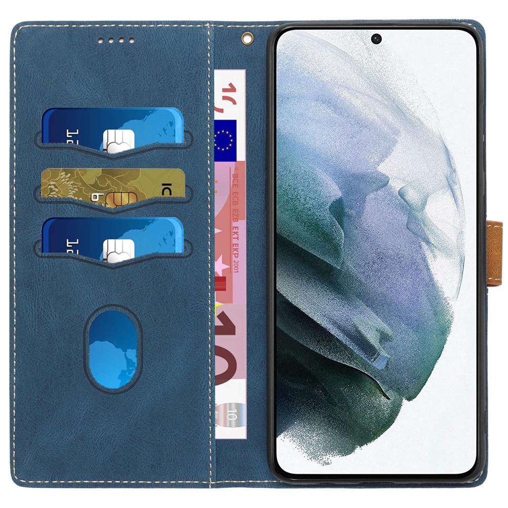Grid Splicing Design Phone Case for Samsung Galaxy S22 5G, PU Leather Stand Wallet Shockproof Shell with Strap - Blue-2