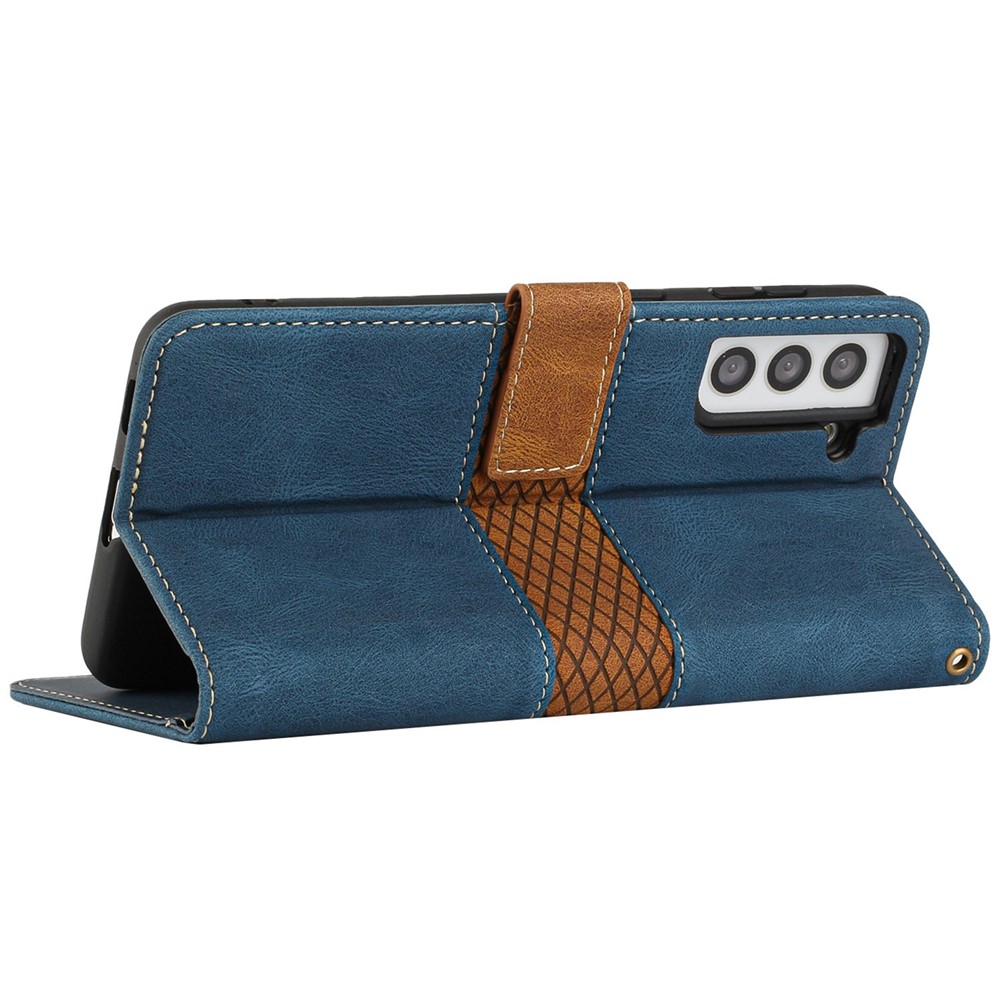 Grid Splicing Design Phone Case for Samsung Galaxy S22 5G, PU Leather Stand Wallet Shockproof Shell with Strap - Blue-4