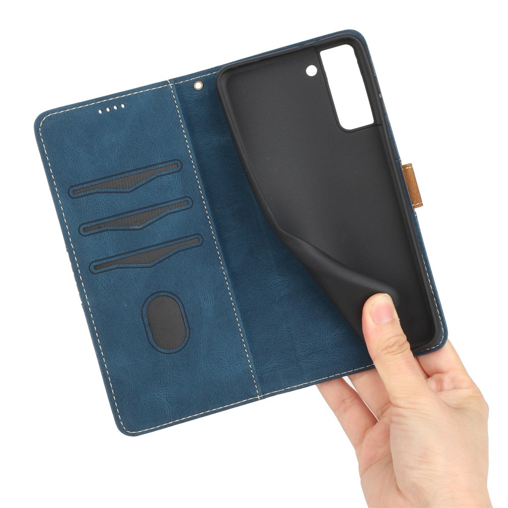 Grid Splicing Design Phone Case for Samsung Galaxy S22 5G, PU Leather Stand Wallet Shockproof Shell with Strap - Blue-5
