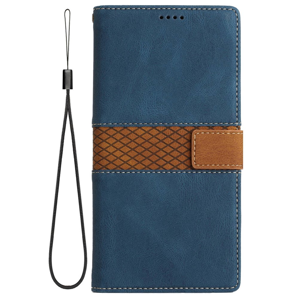 Grid Splicing Design Phone Case for Samsung Galaxy S22 5G, PU Leather Stand Wallet Shockproof Shell with Strap - Blue-6