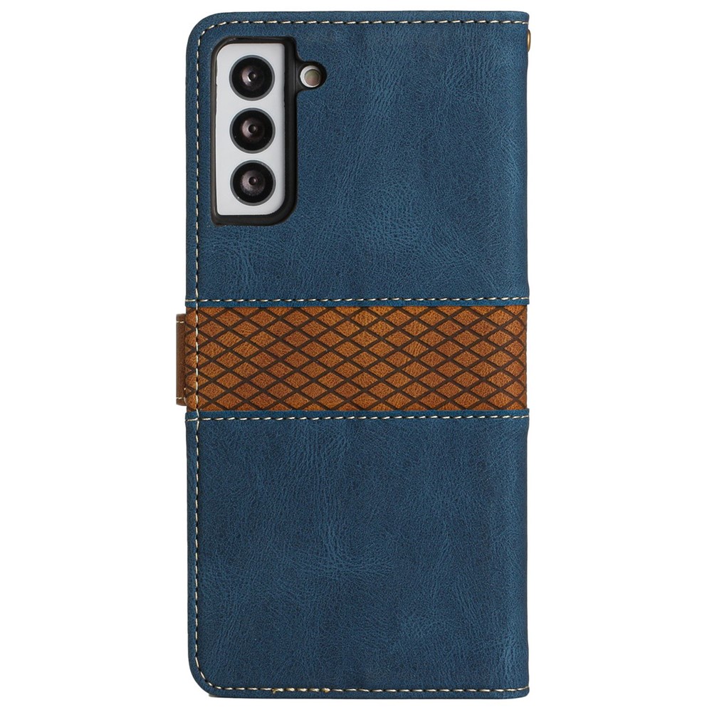 Grid Splicing Design Phone Case for Samsung Galaxy S22 5G, PU Leather Stand Wallet Shockproof Shell with Strap - Blue-7