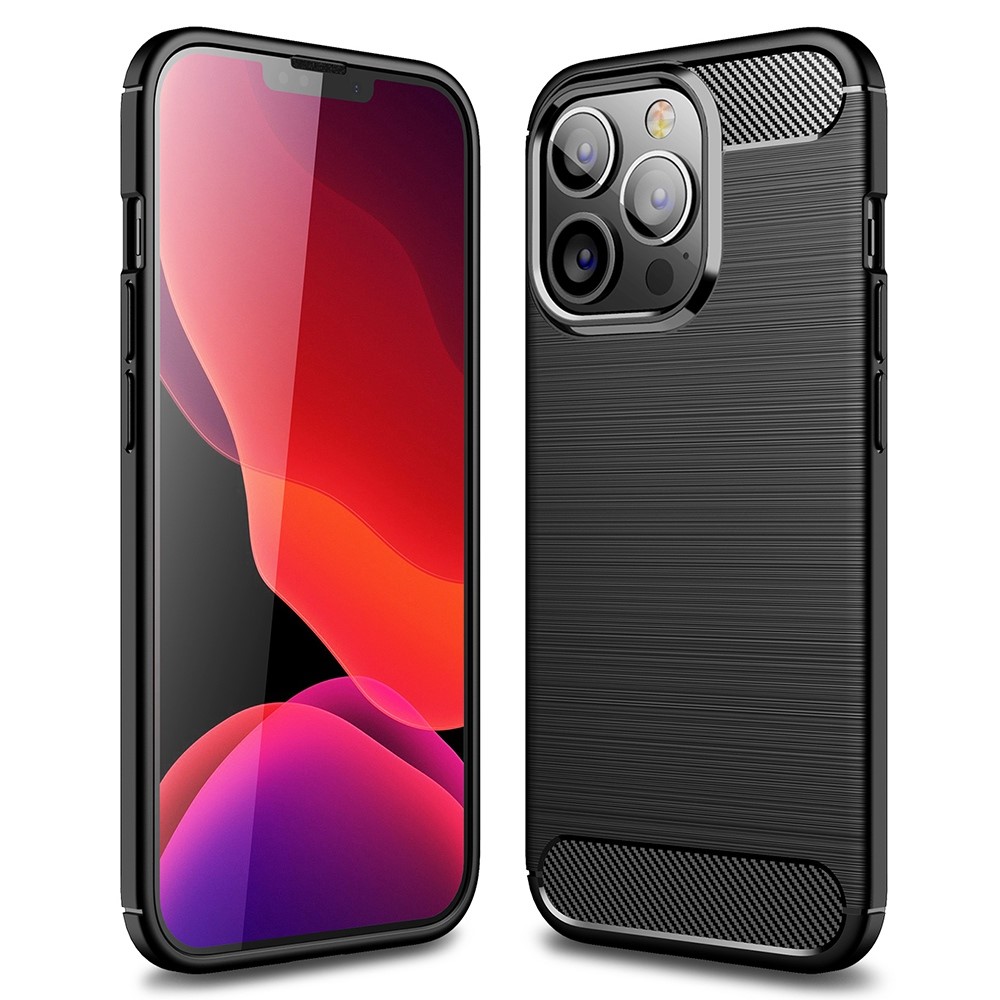 For iPhone 14 Pro 6.1 inch Brushed Carbon Fiber Texture Anti-Fingerprint Case Soft TPU Anti-Scratch Protective Cover- Black-1