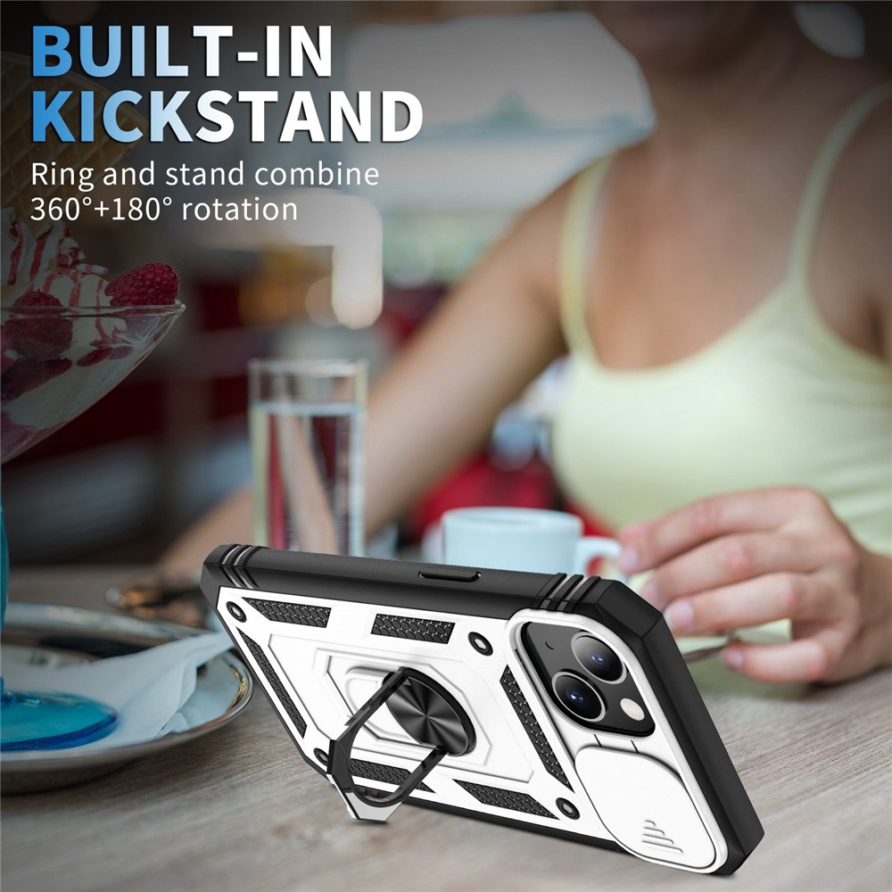 For iPhone 13 6.1 inch Built-in Kickstand Sliding Camera Cover Anti-scratch Anti-drop PC+TPU Mobile Phone Case Shell with Card Clot - White/Black-2