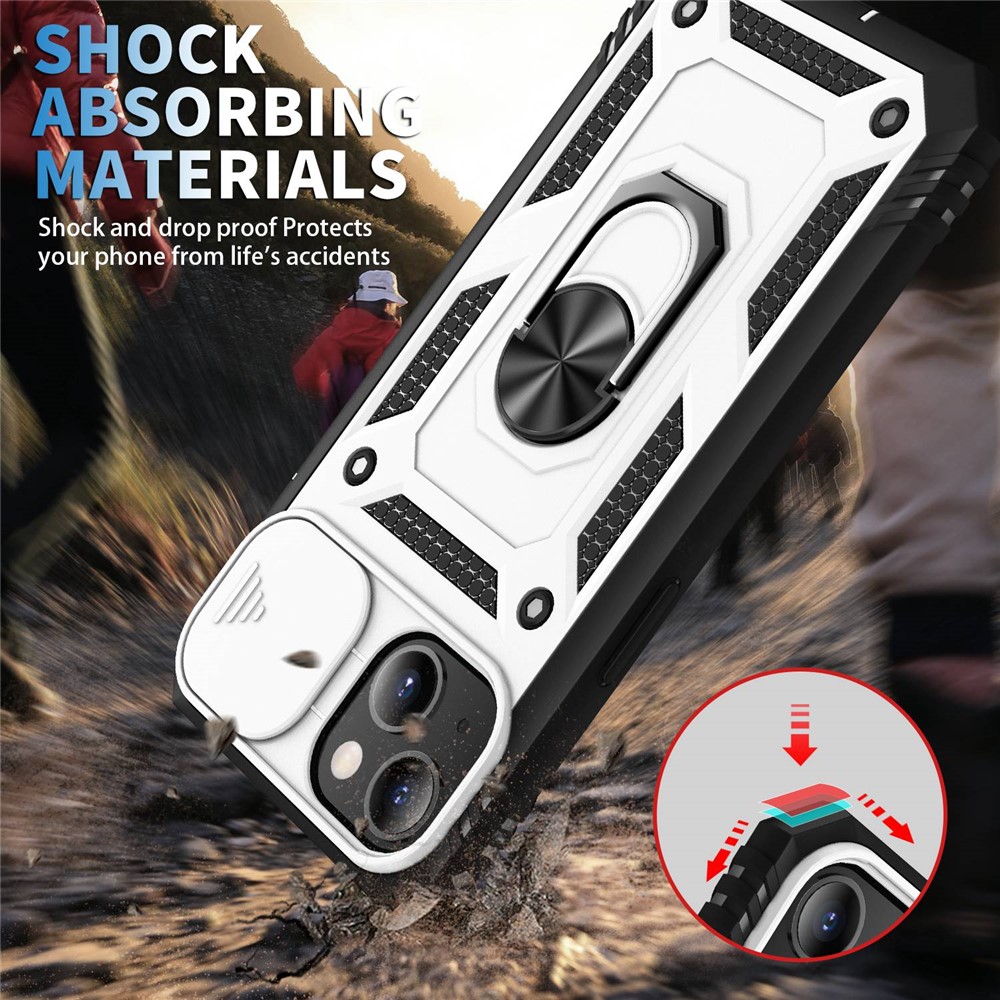 For iPhone 13 6.1 inch Built-in Kickstand Sliding Camera Cover Anti-scratch Anti-drop PC+TPU Mobile Phone Case Shell with Card Clot - White/Black-3