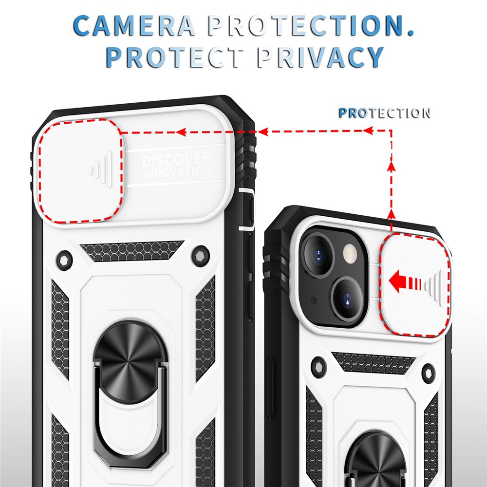 For iPhone 13 6.1 inch Built-in Kickstand Sliding Camera Cover Anti-scratch Anti-drop PC+TPU Mobile Phone Case Shell with Card Clot - White/Black-5