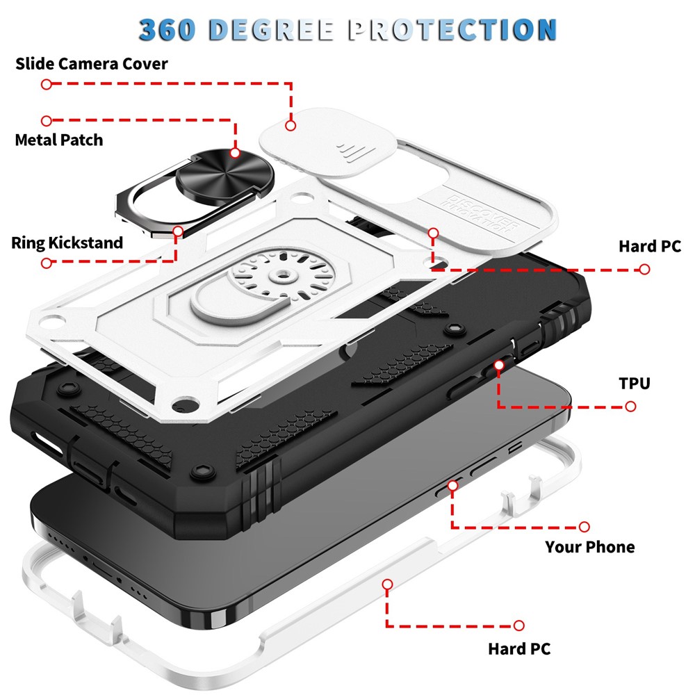 For iPhone 13 6.1 inch Built-in Kickstand Sliding Camera Cover Anti-scratch Anti-drop PC+TPU Mobile Phone Case Shell with Card Clot - White/Black-6