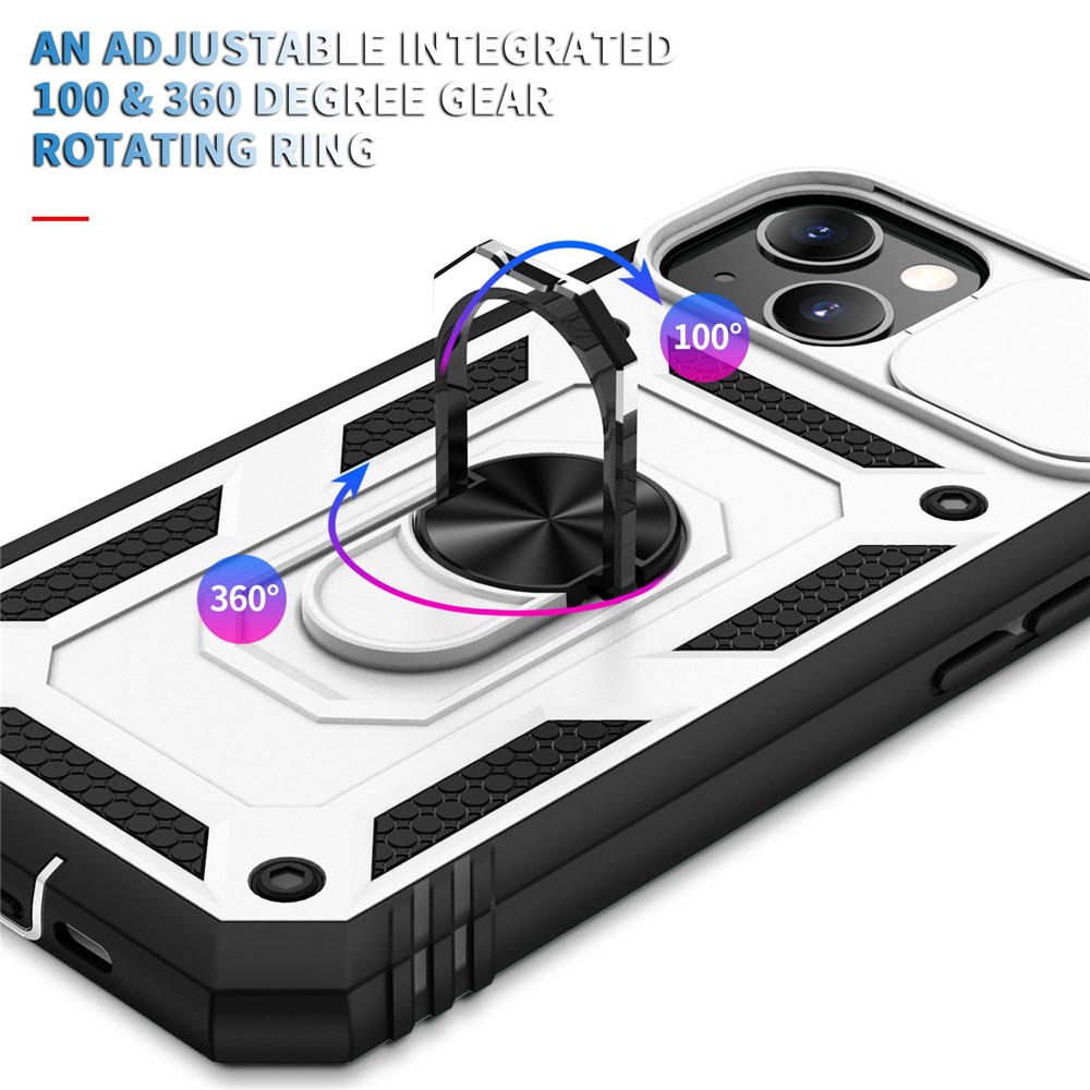 For iPhone 13 6.1 inch Built-in Kickstand Sliding Camera Cover Anti-scratch Anti-drop PC+TPU Mobile Phone Case Shell with Card Clot - White/Black-7