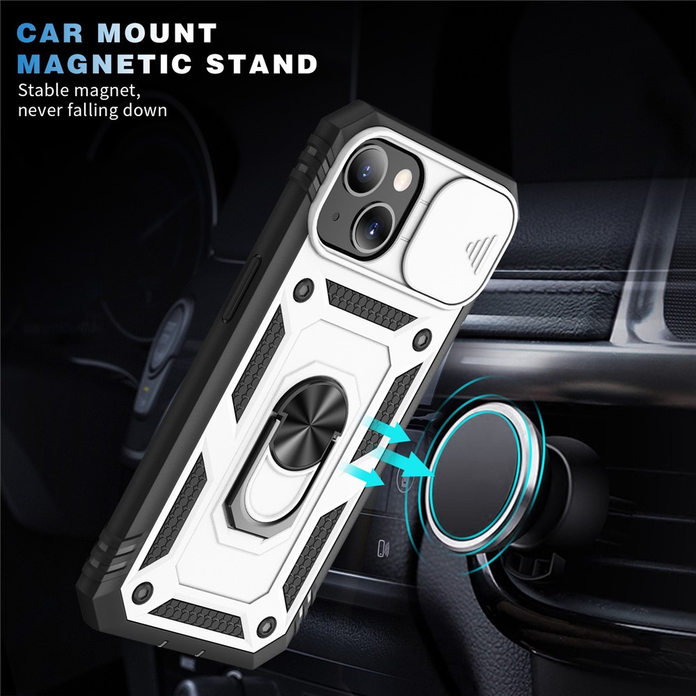 For iPhone 13 6.1 inch Built-in Kickstand Sliding Camera Cover Anti-scratch Anti-drop PC+TPU Mobile Phone Case Shell with Card Clot - White/Black-9