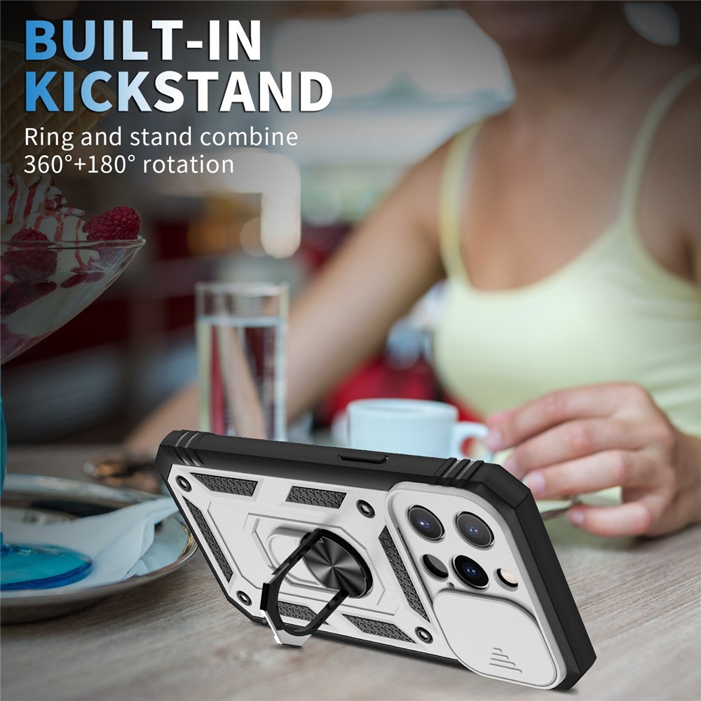 For iPhone 13 Pro 6.1 inch Built-in Kickstand Sliding Camera Cover PC+TPU Wear-resistant Phone Case Protector with Card Clot - White/Black-2