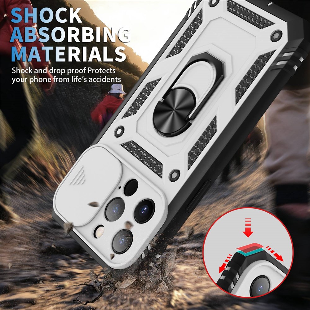 For iPhone 13 Pro 6.1 inch Built-in Kickstand Sliding Camera Cover PC+TPU Wear-resistant Phone Case Protector with Card Clot - White/Black-3