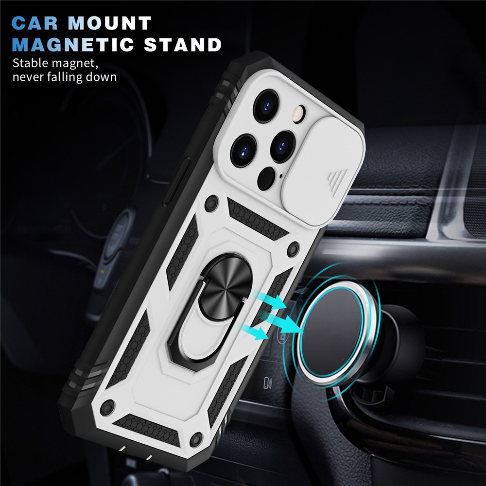 For iPhone 13 Pro 6.1 inch Built-in Kickstand Sliding Camera Cover PC+TPU Wear-resistant Phone Case Protector with Card Clot - White/Black-9