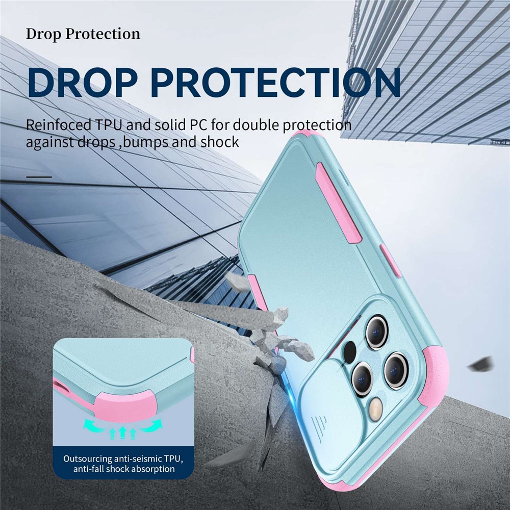For iPhone 13 Pro Max 6.7 inch Commuter Series Drop-proof TPU + PC Hybrid Phone Case with Slide Camera Cover - Cyan/Pink-3