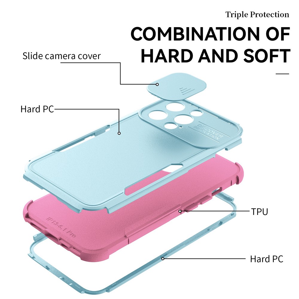 For iPhone 13 Pro Max 6.7 inch Commuter Series Drop-proof TPU + PC Hybrid Phone Case with Slide Camera Cover - Cyan/Pink-5