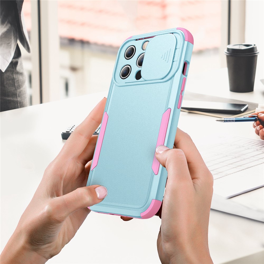 For iPhone 13 Pro Max 6.7 inch Commuter Series Drop-proof TPU + PC Hybrid Phone Case with Slide Camera Cover - Cyan/Pink-6