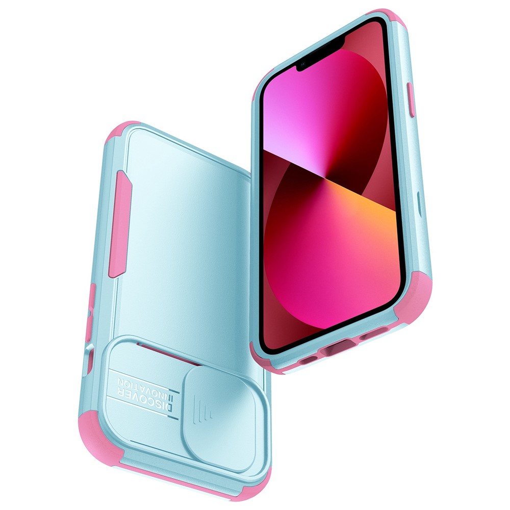 For iPhone 13 Pro Max 6.7 inch Commuter Series Drop-proof TPU + PC Hybrid Phone Case with Slide Camera Cover - Cyan/Pink-7