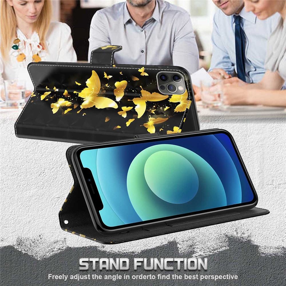 For iPhone 14 Pro 6.1 inch PU Leather Phone Case Stand 3D Pattern Printed Magnet Closure Wallet Anti-scratch Phone Cover with Strap - Golden Butterflies-2