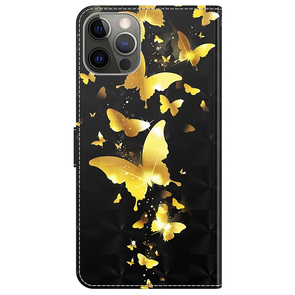 For iPhone 14 Pro 6.1 inch PU Leather Phone Case Stand 3D Pattern Printed Magnet Closure Wallet Anti-scratch Phone Cover with Strap - Golden Butterflies-9