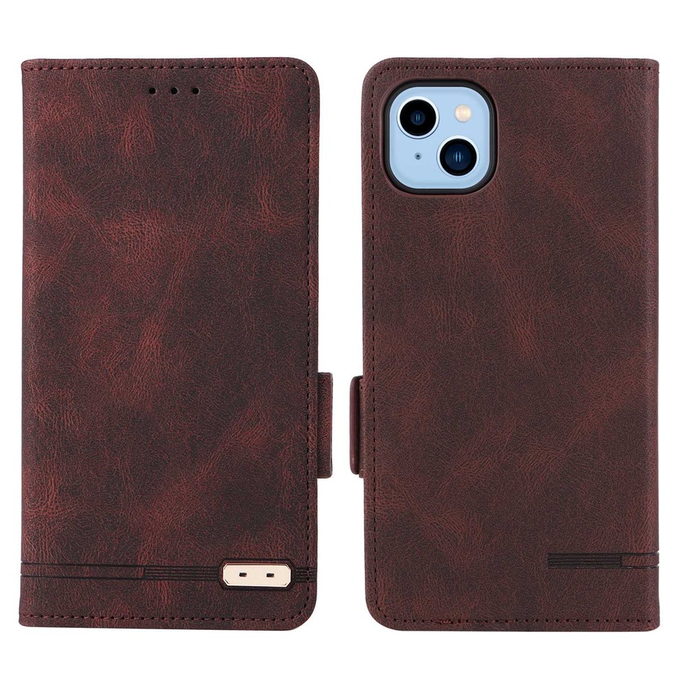 For iPhone 14 6.1 inch Shockproof Phone Flip Case Stand PU Leather Hardware Design Magnetic Closure Cover Wallet - Coffee-1