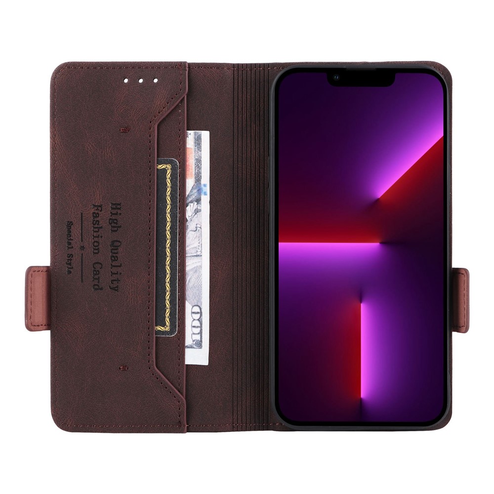 For iPhone 14 6.1 inch Shockproof Phone Flip Case Stand PU Leather Hardware Design Magnetic Closure Cover Wallet - Coffee-2