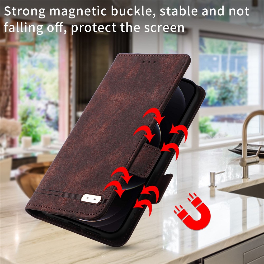 For iPhone 14 6.1 inch Shockproof Phone Flip Case Stand PU Leather Hardware Design Magnetic Closure Cover Wallet - Coffee-6