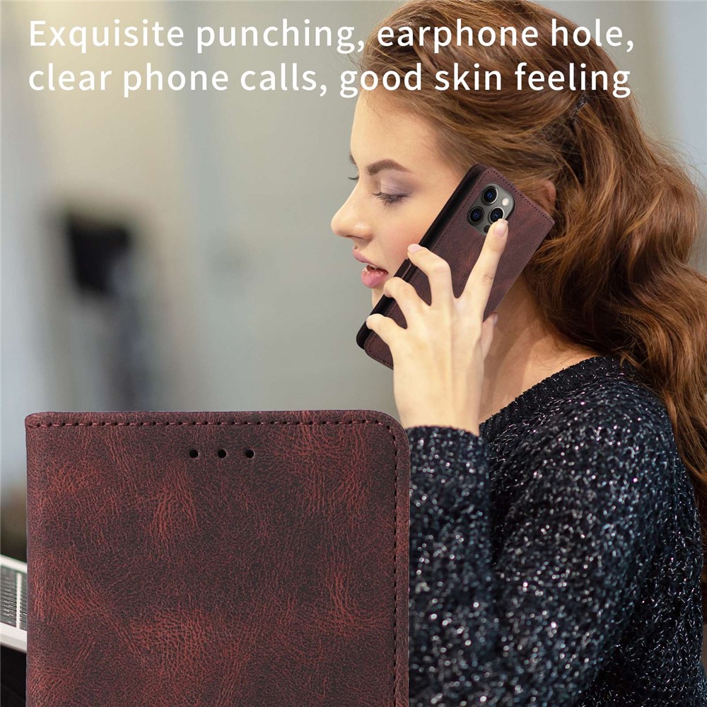 For iPhone 14 6.1 inch Shockproof Phone Flip Case Stand PU Leather Hardware Design Magnetic Closure Cover Wallet - Coffee-8