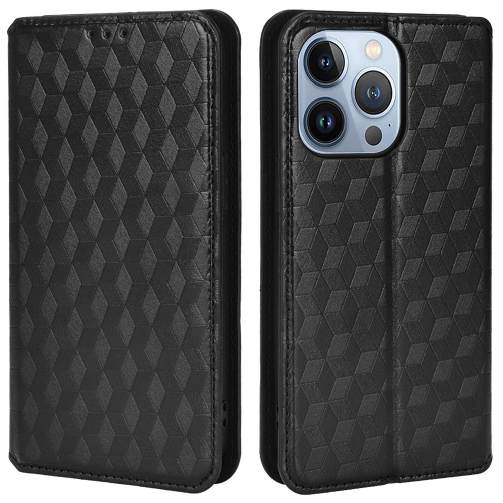 Imprinted Rhombus Pattern Phone Case for iPhone 14 Max 6.7 inch, Magnetic Closure PU Leather Stand Wallet Cover - Black-1