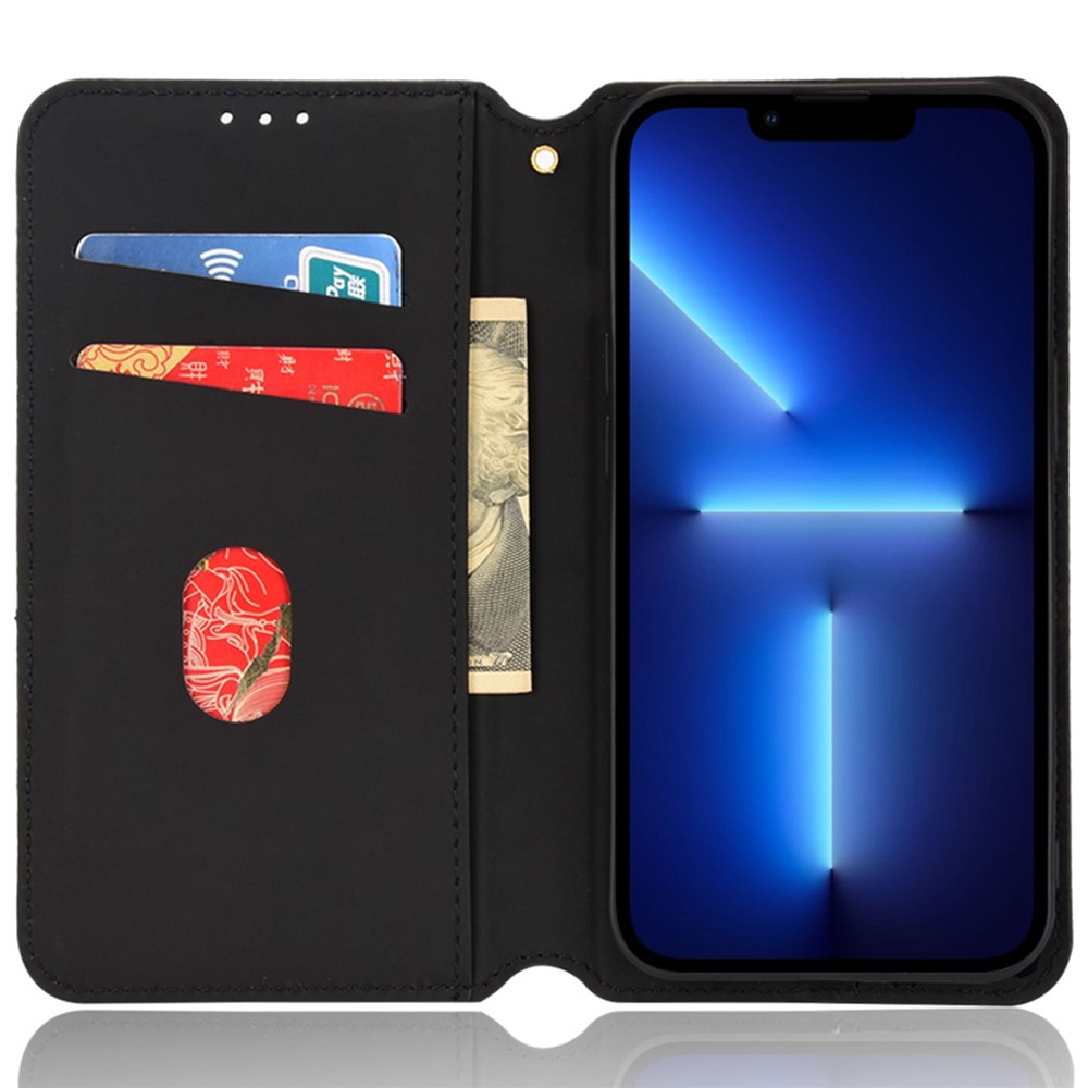 Imprinted Rhombus Pattern Phone Case for iPhone 14 Max 6.7 inch, Magnetic Closure PU Leather Stand Wallet Cover - Black-2