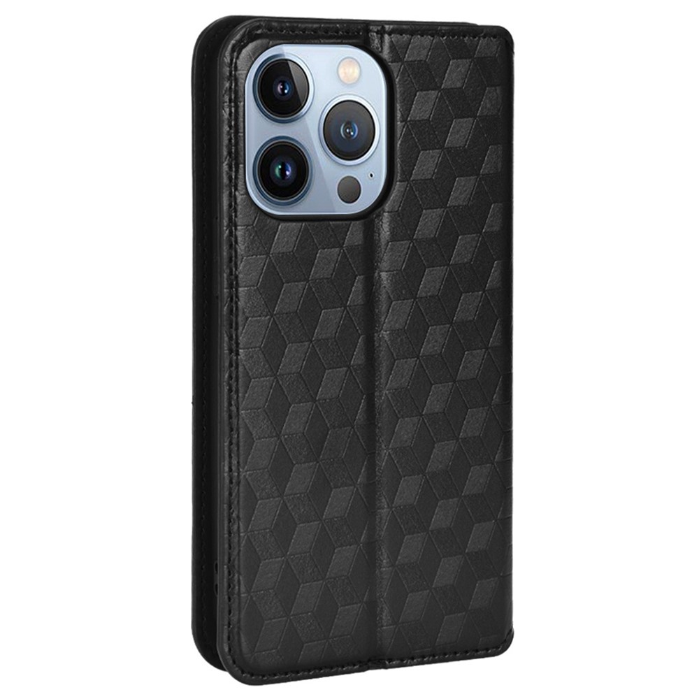 Imprinted Rhombus Pattern Phone Case for iPhone 14 Max 6.7 inch, Magnetic Closure PU Leather Stand Wallet Cover - Black-9