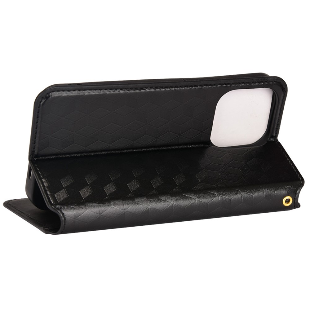 Imprinted Rhombus Pattern Leather Cover for iPhone 14 Pro 6.1 inch, Stand Wallet Function Auto Closing Magnetic Phone Shell - Black-3