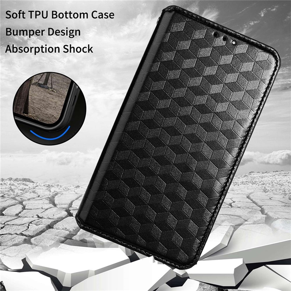 Imprinted Rhombus Pattern Leather Cover for iPhone 14 Pro 6.1 inch, Stand Wallet Function Auto Closing Magnetic Phone Shell - Black-6