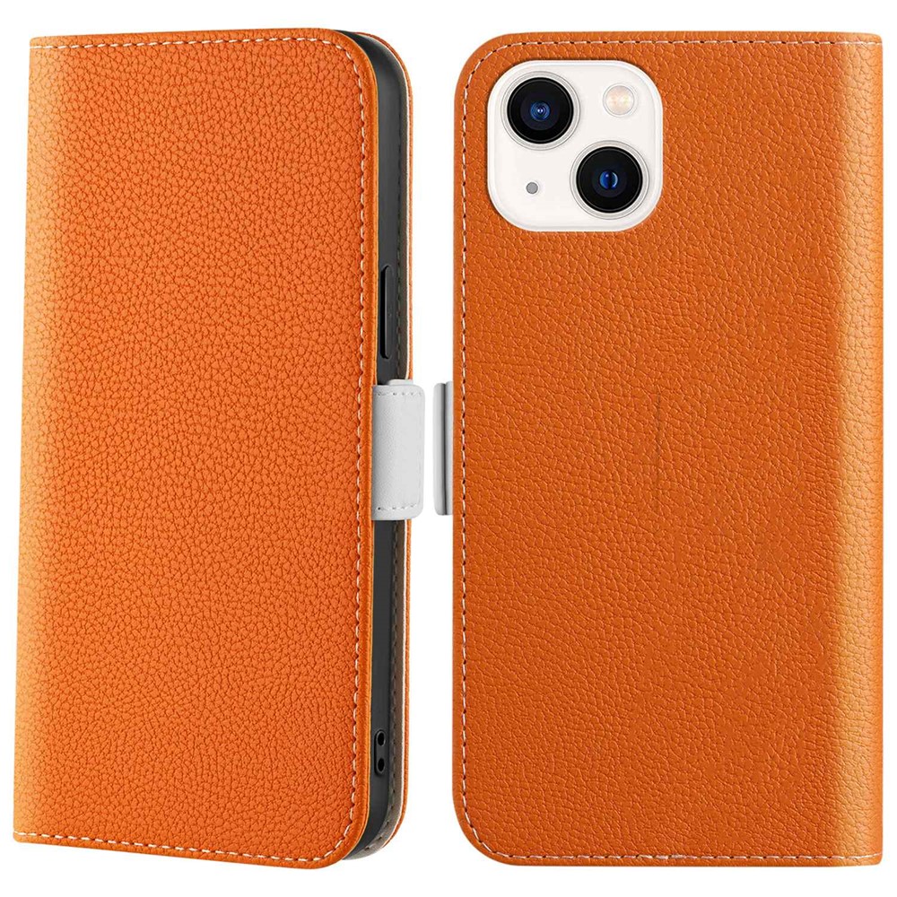 Litchi Texture Case for iPhone 13 mini 5.4 inch, Candy Color Wallet Stand Leather Phone Cover - Orange-1