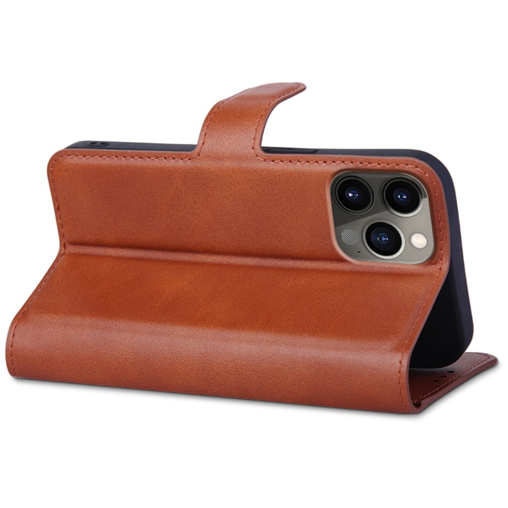 For iPhone 13 Pro 6.1 inch Anti-fall PU Leather Phone Case Book Style Magnetic Clasp Stand Wallet Cover - Brown-3