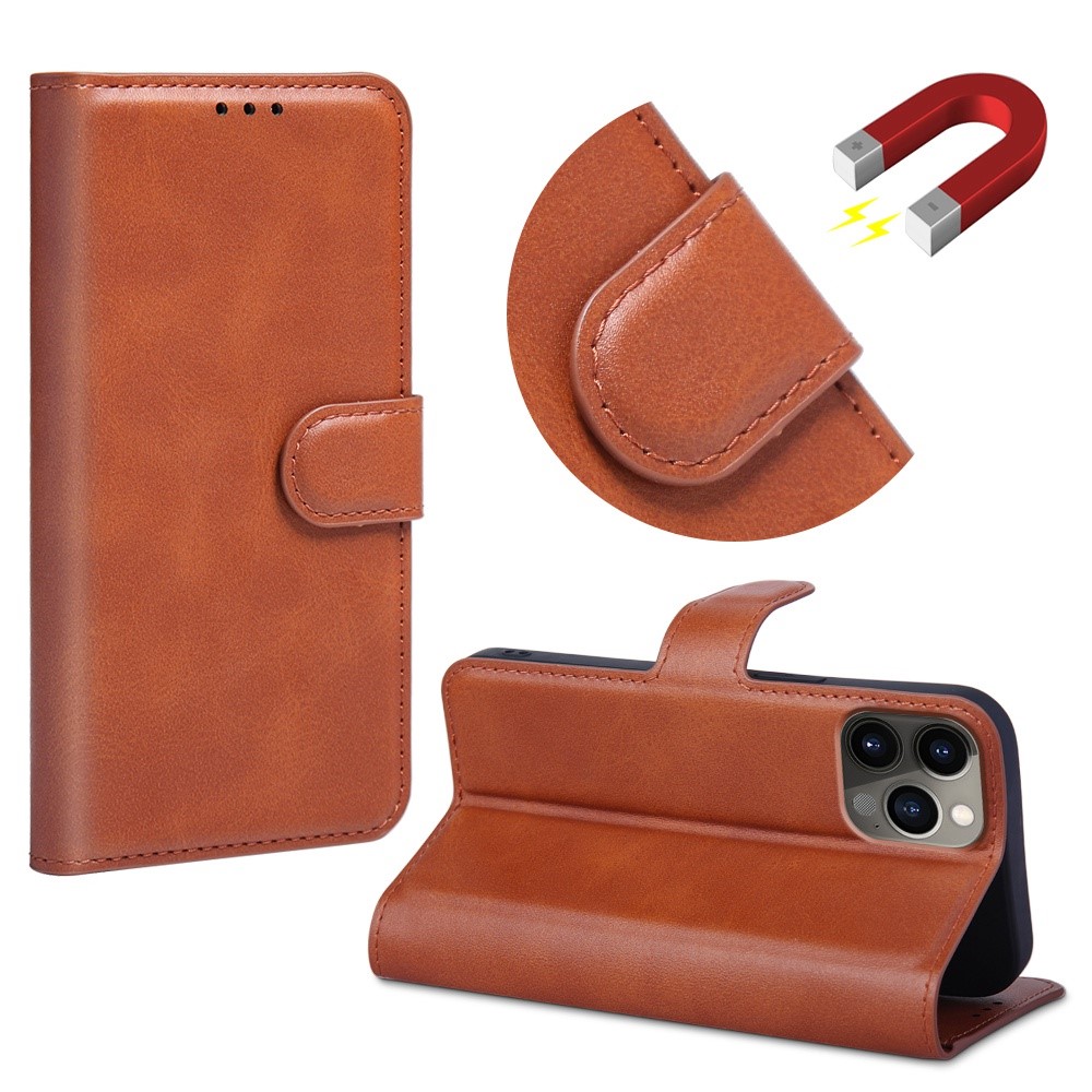 For iPhone 13 Pro 6.1 inch Anti-fall PU Leather Phone Case Book Style Magnetic Clasp Stand Wallet Cover - Brown-4