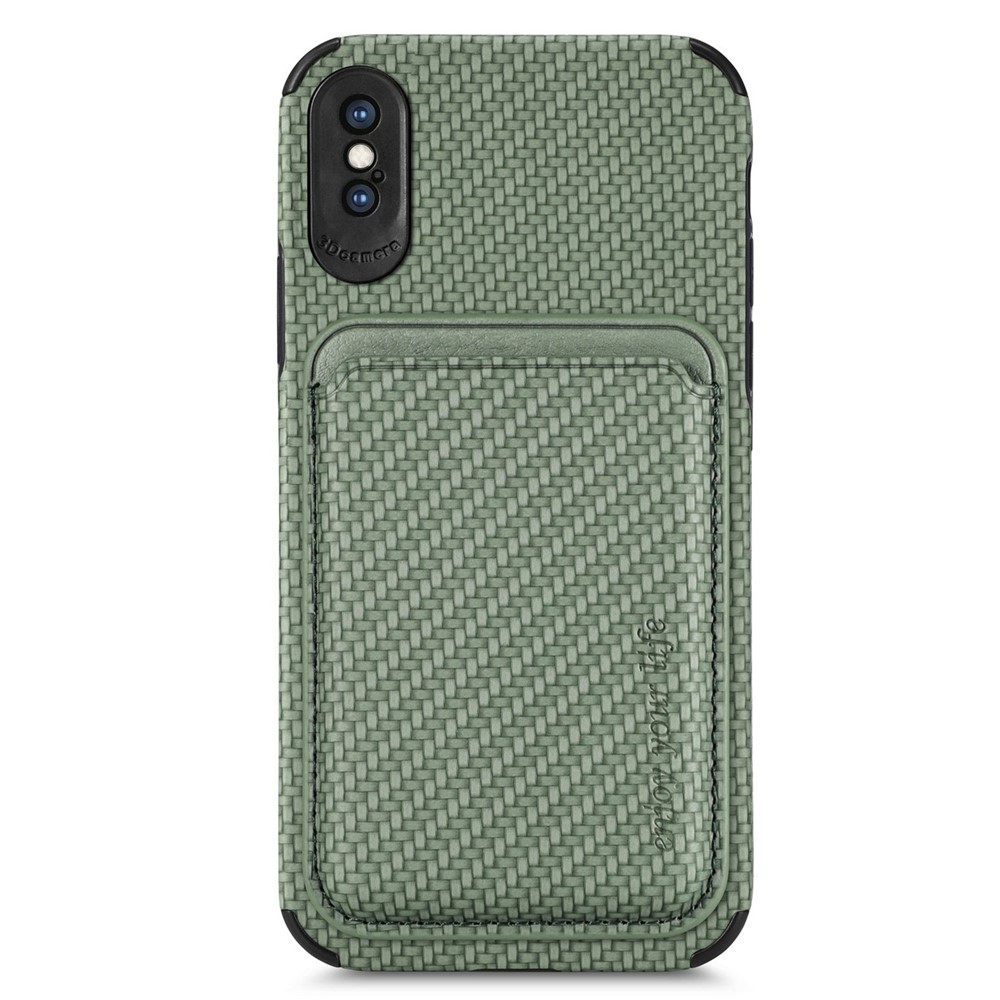 For iPhone X/XS 5.8 inch Carbon Fiber Texture Wear-resistant Phone Case PU Leather + TPU + PVC Protector with Detachable Magnetic Card Holder - Green