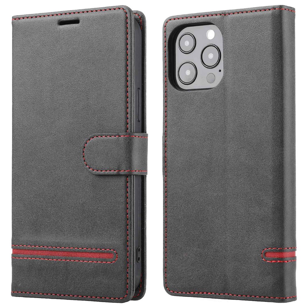 For iPhone 14 Pro Max 6.7 inch Shockproof Splicing Leather Case Wallet Stand Anti-scratch Magnetic Closure Protective Shell - Black-1