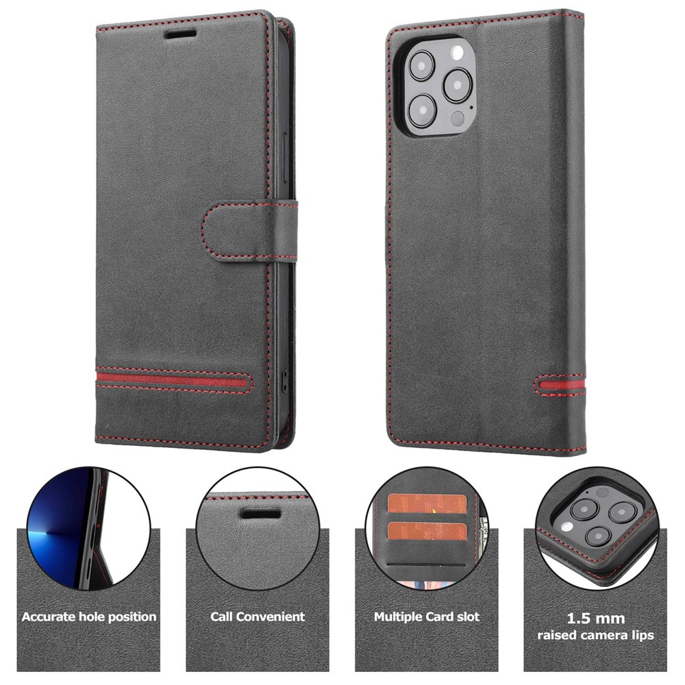 For iPhone 14 Pro Max 6.7 inch Shockproof Splicing Leather Case Wallet Stand Anti-scratch Magnetic Closure Protective Shell - Black-10