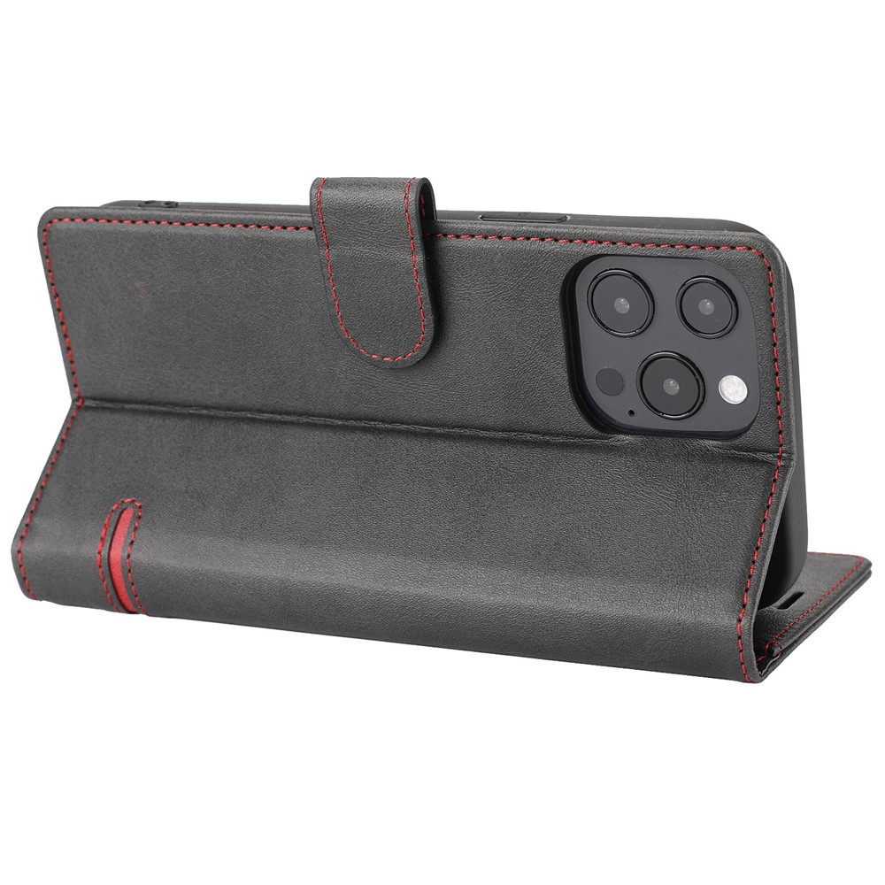 For iPhone 14 Pro Max 6.7 inch Shockproof Splicing Leather Case Wallet Stand Anti-scratch Magnetic Closure Protective Shell - Black-4
