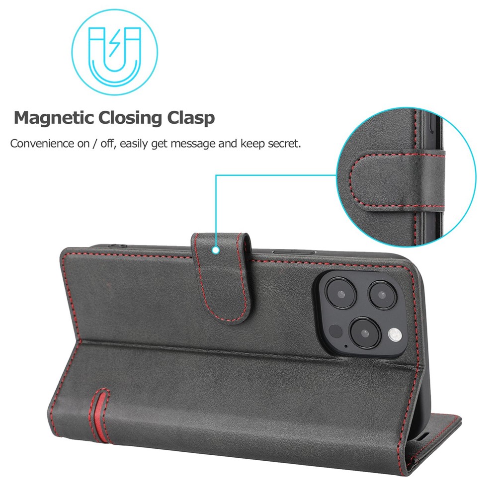 For iPhone 14 Pro Max 6.7 inch Shockproof Splicing Leather Case Wallet Stand Anti-scratch Magnetic Closure Protective Shell - Black-6