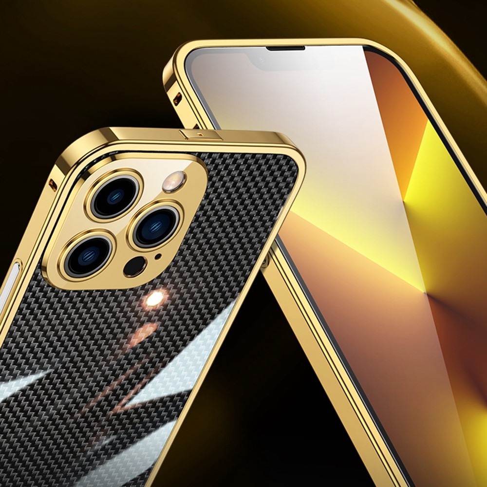 For iPhone 13 Pro Max 6.7 inch Stainless Steel Bumper Case with Metal Lens Protector and Carbon Fiber Aramid Fiber Back Film - Gold-2