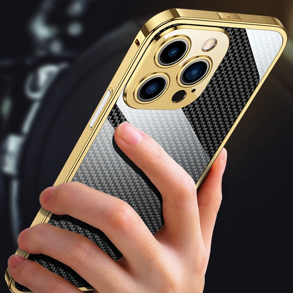 For iPhone 13 Pro Max 6.7 inch Stainless Steel Bumper Case with Metal Lens Protector and Carbon Fiber Aramid Fiber Back Film - Gold-4